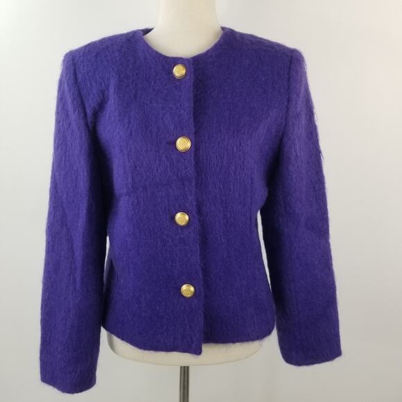 Harris Wallace Purple Mohair Angora Jacket Lined Gold Buttons Vintage USA Size 8 - Picture 1 of 6